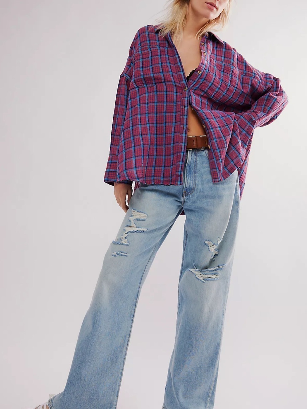 Free People We The Free Cardiff Plaid Button Down Shirt Size Medium